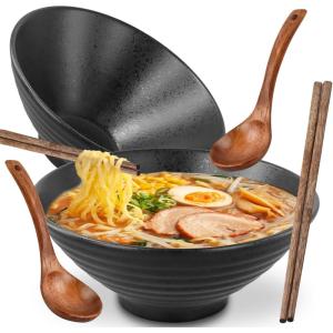 2 Ensemble De Bols Ramen En Céramique Avec Baguettes Et Cuillère, 2×1000ml Bol à Soupe Ramen Japonais en Porcelaine, Grandes Saladier, Bol de Nouilles, Bol de Céréales (Bleu-B)(Noir)