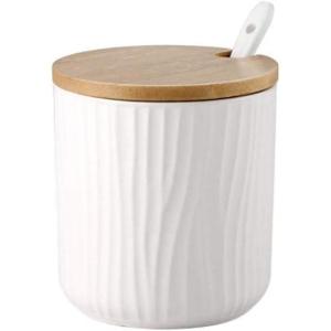 300ml Pot à épices Sel Spice Jar condiments boîte Bol à sucre Cuillère en céramique et Couverture de bambou(Blanc)
