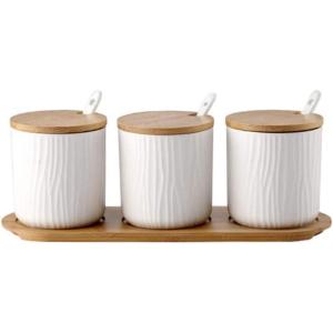 300ml Pot à épices Sel Spice Jar condiments boîte Bol à sucre Cuillère en céramique et Couverture de bambou(Blanche  Lot de 3)
