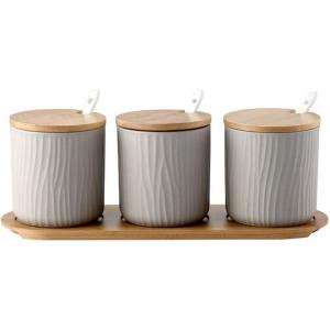 300ml Pot à épices Sel Spice Jar condiments boîte Bol à sucre Cuillère en céramique et Couverture de bambou(Gris  Lot de 3)