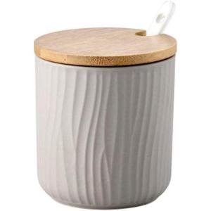 300ml Pot à épices Sel Spice Jar condiments boîte Bol à sucre Cuillère en céramique et Couverture de bambou(Gris)