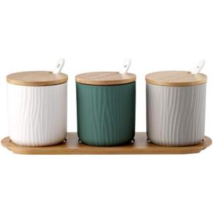 300ml Pot à épices Sel Spice Jar condiments boîte Bol à sucre Cuillère en céramique et Couverture de bambou(Trois Couleurs  Lot de 3)