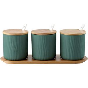 300ml Pot à épices Sel Spice Jar condiments boîte Bol à sucre Cuillère en céramique et Couverture de bambou(Vert  Lot de 3)