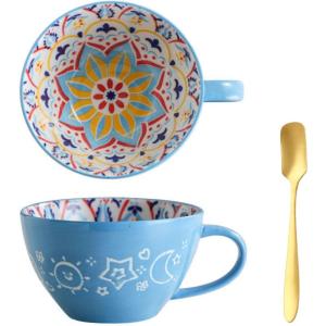 Bol Déjeuner avec Anse 500ml, Tasse Déjeuner Grand Format, Tasse Cafe Céramique (Fleurs Bleues)(Fleurs Bleues)