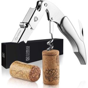 CORKAS Tire-bouchon Professionnel, Couteaux de Sommelier,Décapsuleur Manuel à Double Ailette, Coupe-Capsule et Ouvre-bouteille, Tire-bouchon de Serveur (A-Poignée en ébène)(C-acier Inoxydable)
