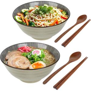 2 Ensembles de Bols en Céramique pour Ramen – Bols Japonais pour Nouilles avec Baguettes et Cuillères pour Soupe, Ramen, Pâtes, Salade de Fruits, Riz – 1050 ML, 20CM – Passe au Micro-ondes – Cadeau(Kaki)