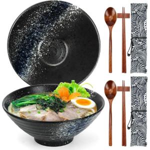 2 Ensembles de Bols en Céramique pour Ramen – Bols Japonais pour Nouilles avec Baguettes et Cuillères pour Soupe, Ramen, Pâtes, Salade de Fruits, Riz – 1050 ML, 20CM – Passe au Micro-ondes – Cadeau(Bleu Nuit)
