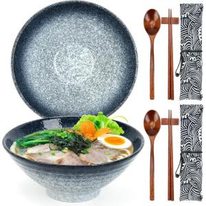 2 Ensembles de Bols en Céramique pour Ramen – Bols Japonais pour Nouilles avec Baguettes et Cuillères pour Soupe, Ramen, Pâtes, Salade de Fruits, Riz – 1050 ML, 20CM – Passe au Micro-ondes – Cadeau(Ocean Mist)