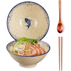 1,18 L Bols à ramen en céramique, 8 en grands bols japonais pour soupe de nouilles, baguettes et cuillères assorties, adaptés pour pho, udon, nouilles asiatiques (fleurs colorées)(Poisson Japonais)