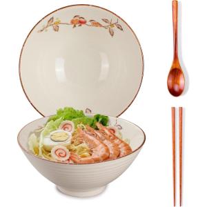 1,18 L Bols à ramen en céramique, 8 en grands bols japonais pour soupe de nouilles, baguettes et cuillères assorties, adaptés pour pho, udon, nouilles asiatiques (fleurs colorées)(Fleurs et Oiseaux.)