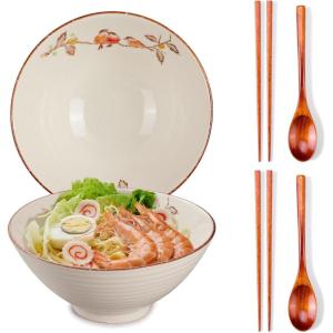 1,18 L Bols à ramen en céramique, 8 en grands bols japonais pour soupe de nouilles, baguettes et cuillères assorties, adaptés pour pho, udon, nouilles asiatiques (fleurs colorées)(Lot de 2 Fleurs et Oiseaux)