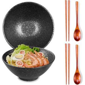 1,18 L Bols à ramen en céramique, 8 en grands bols japonais pour soupe de nouilles, baguettes et cuillères assorties, adaptés pour pho, udon, nouilles asiatiques (fleurs colorées)(Lot de 2 Couleurs Noires)