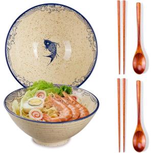 1,18 L Bols à ramen en céramique, 8 en grands bols japonais pour soupe de nouilles, baguettes et cuillères assorties, adaptés pour pho, udon, nouilles asiatiques (fleurs colorées)(Lot de 2 Poissons Japonais)
