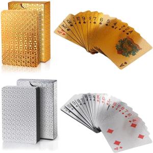 2 Pièces Jeux de Cartes à Jouer Professionnelles, Poker Texas Hold’em, 100% Plastique, 54 Cartes par Jeu (1 x Or / 1 x Argent), y Compris 2 Jokers
