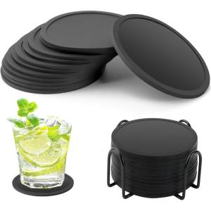 12 Pièces Dessous de Verre Silicone Rond, sous Verre Tasses Rondes Noires Antidérapants avec Plateau pour Boissons, Tasses, Bar, Verre – Dessous de Table en Silicone (Noir)