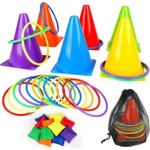 3-in-1 Ensemble de Jeu de Lancer d&rsquo;anneau, 30 Pcs Jeux d&rsquo;Extérieur Kit, Cornets de Glace, Anneaux, Petits Sacs Sable Sacs Rangement, pour Anniversaires, Journée Sportive, Kermesse