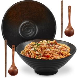 2 Ensemble De Bols Ramen En Céramique Avec Baguettes Et Cuillère, 2×1000ml Bol à Soupe Ramen Japonais en Porcelaine, Grandes Saladier, Bol de Nouilles, Bol de Céréales(Orange)