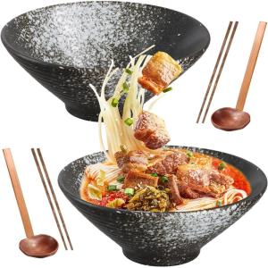 2 Ensemble De Bols Ramen En Céramique Avec Baguettes Et Cuillère, 2×1000ml Bol à Soupe Ramen Japonais en Porcelaine, Grandes Saladier, Bol de Nouilles, Bol de Céréales(Blanc)