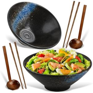 2 Ensemble De Bols Ramen En Céramique Avec Baguettes Et Cuillère, 2×1000ml Bol à Soupe Ramen Japonais en Porcelaine, Grandes Saladier, Bol de Nouilles, Bol de Céréales(Bleu-b)